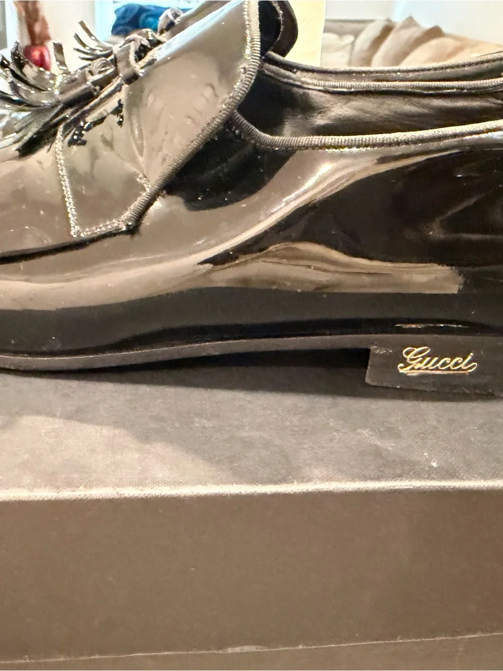 Gucci Black Patent Leather Tassel Fringe Loafers